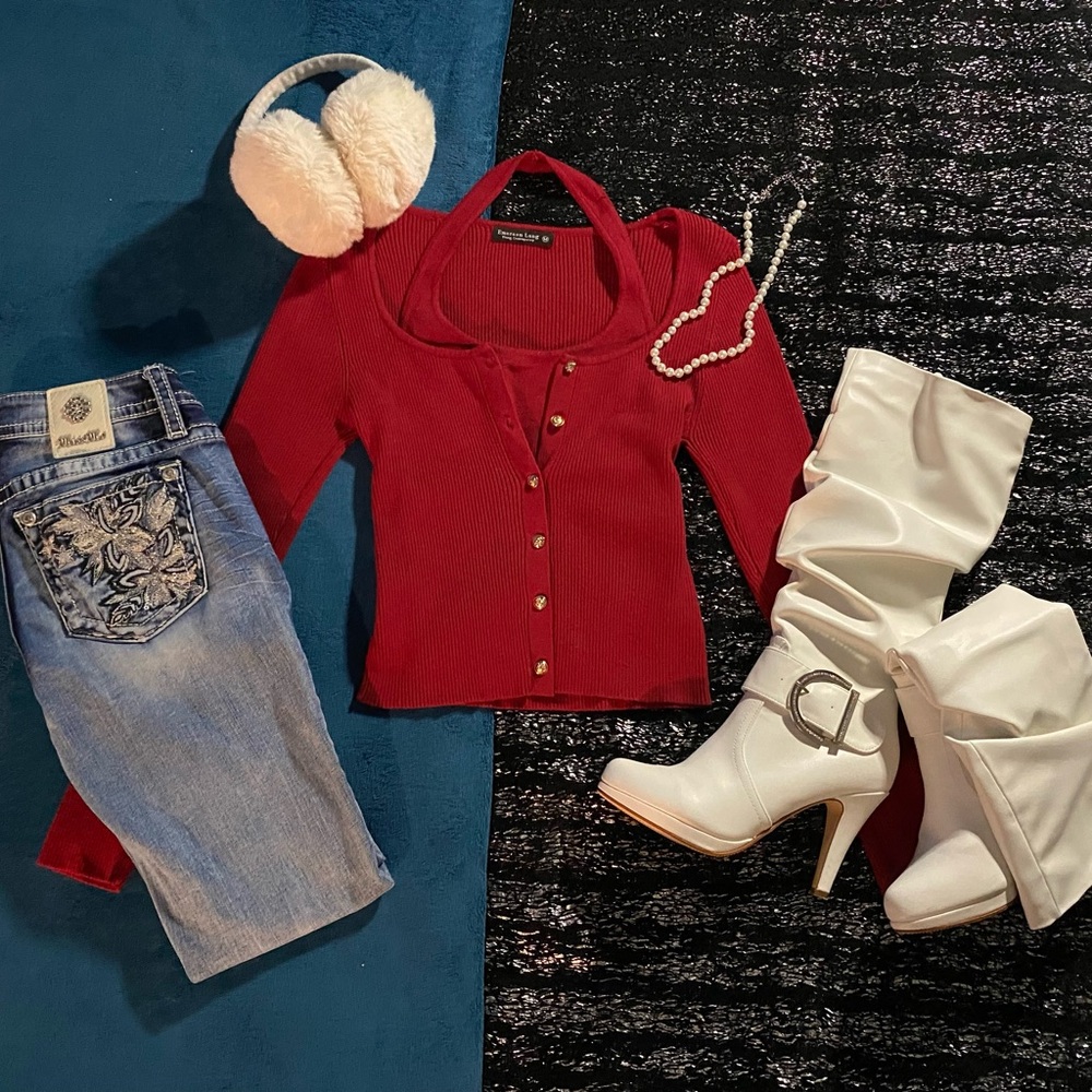 Red long sleeve top with gold buttons and embroidery